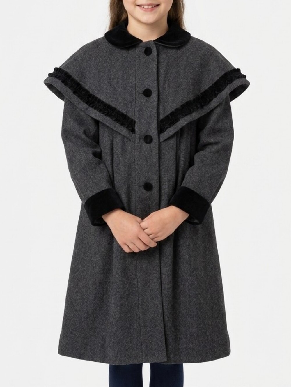 Vtg Rothschild Dark Gray Wool Velvet Trim Whimsical Academia Dress Cape Coat 10